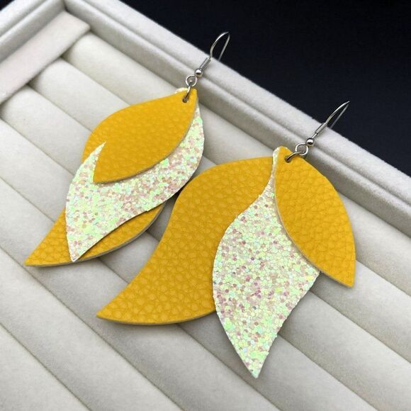 Yellow Faux Leather with Sequin Layered Leaf 316L Stainless Steel Hook Earrings - Picture 6 of 10